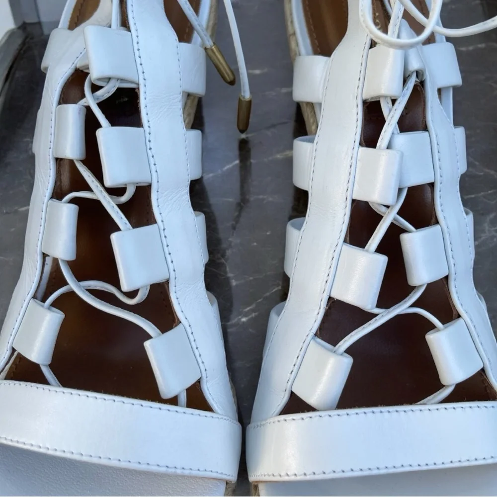 Aquazzura Firenze Amazon Gladiator White Leather Lace-Up Strappy Wedge Sandals